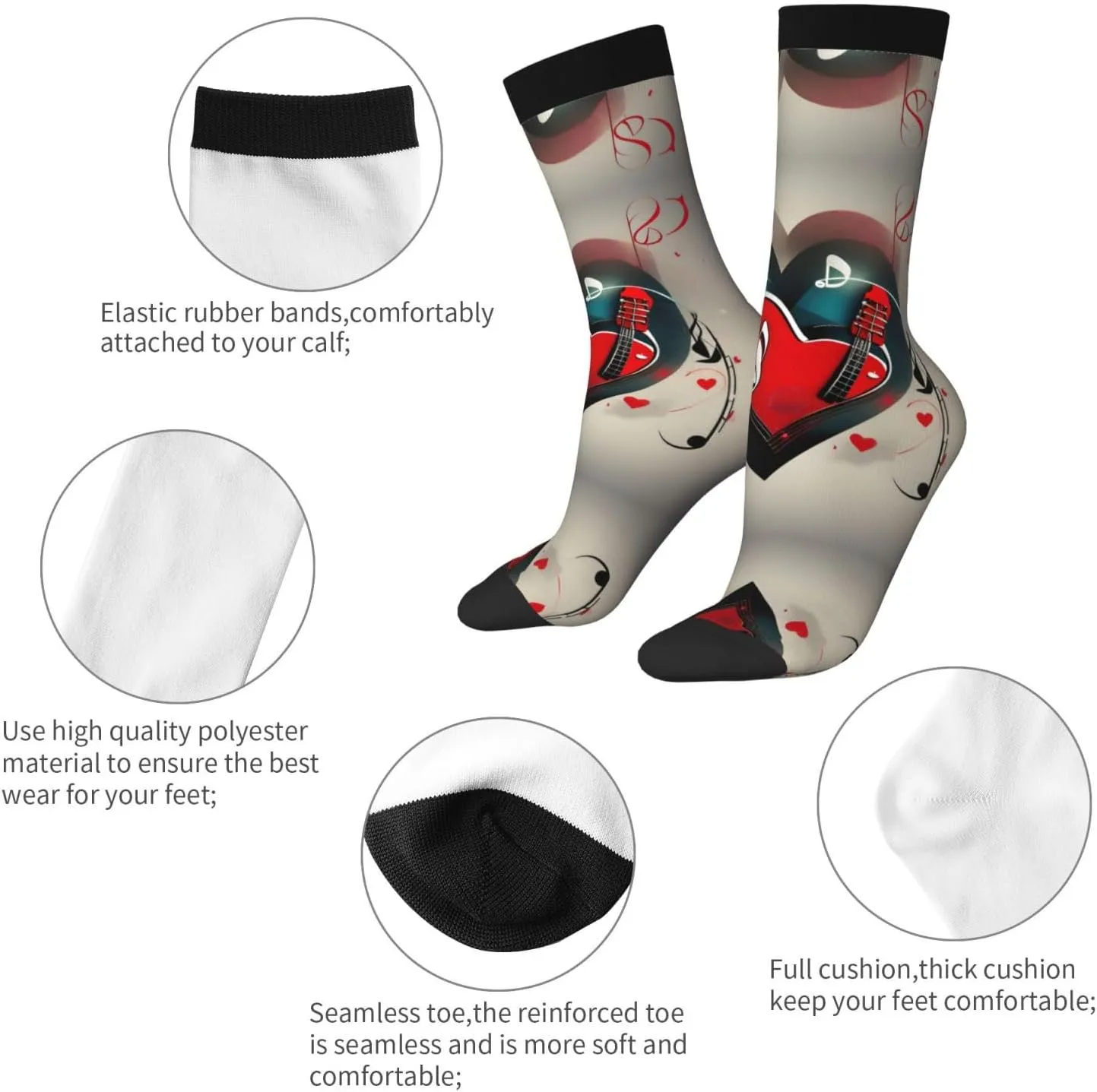 Treble Love And Music Print Fun Contrast Socks,Novel Crazy Cool Socks,Pattern Funky Novelty Socks,Unisex Bulk Socks