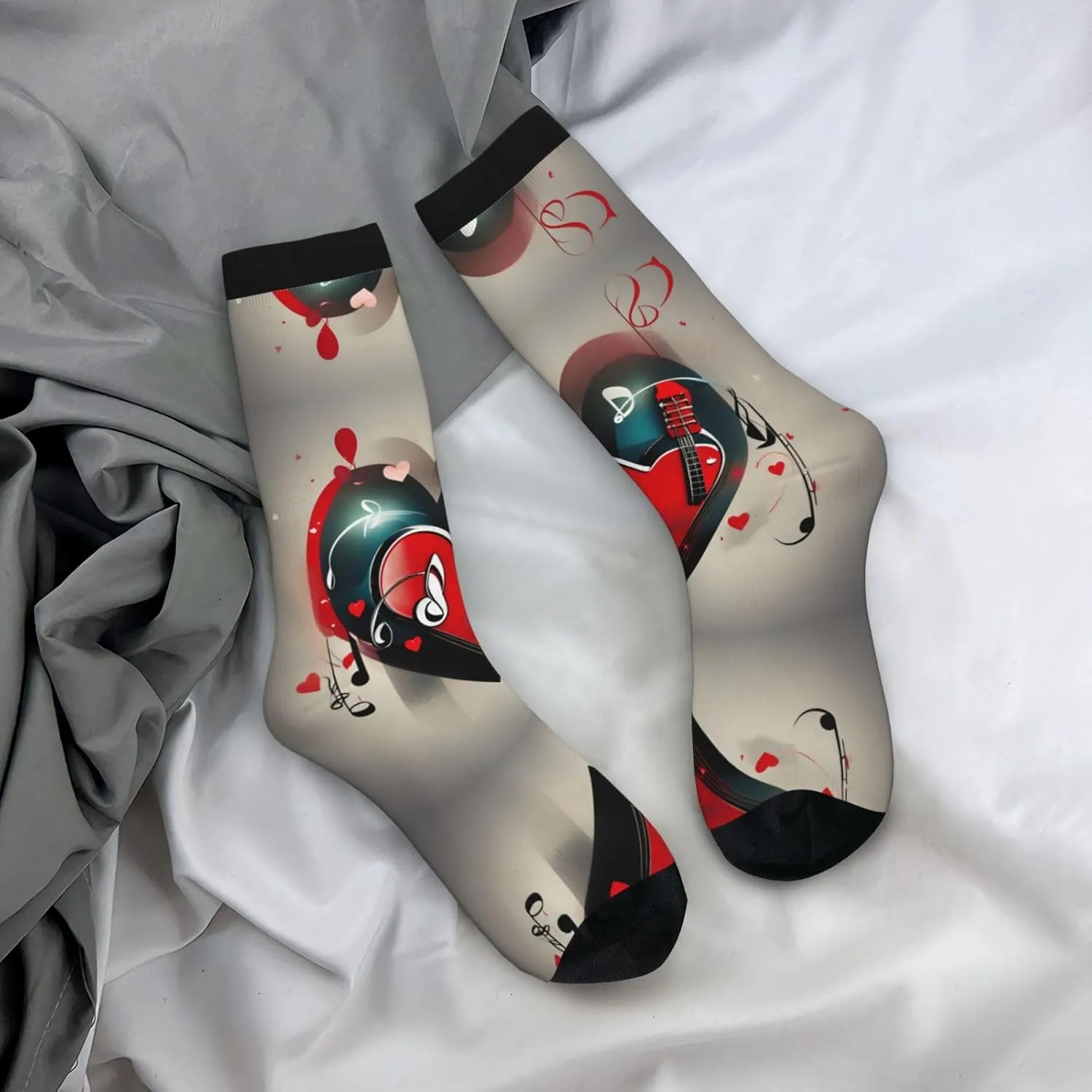 Treble Love And Music Print Fun Contrast Socks,Novel Crazy Cool Socks,Pattern Funky Novelty Socks,Unisex Bulk Socks