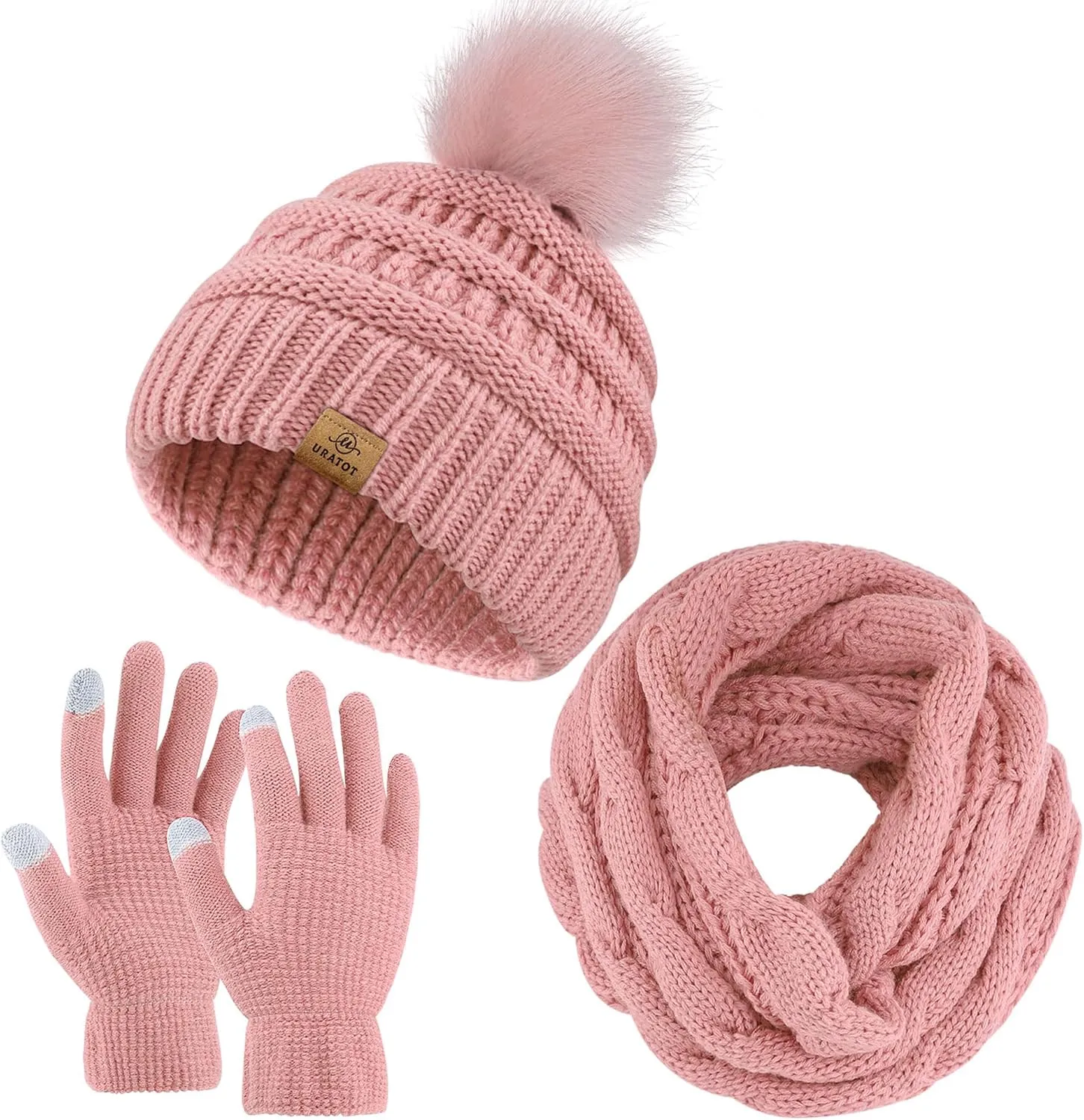 URATOT Winter Warm Knitted Sets Beanie Pompom Hat Scarves Winter Touchscreen Gloves Scarf Set for Men Women