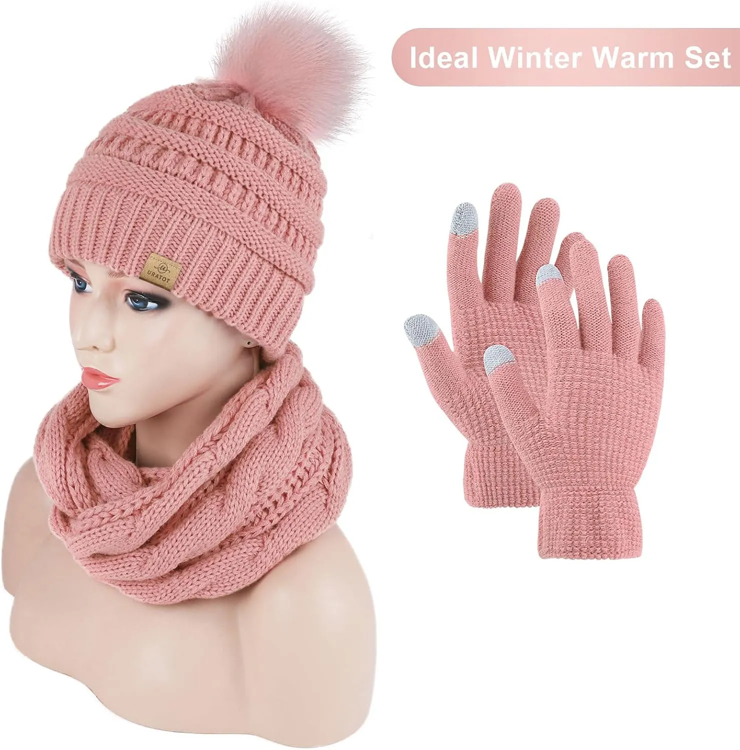 URATOT Winter Warm Knitted Sets Beanie Pompom Hat Scarves Winter Touchscreen Gloves Scarf Set for Men Women