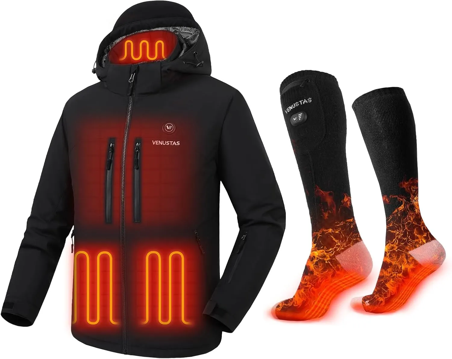 Venustas Men's Heated Utility Jacket (Black, 4XL) & Extra 9-hour Heated Socks (Black, M)