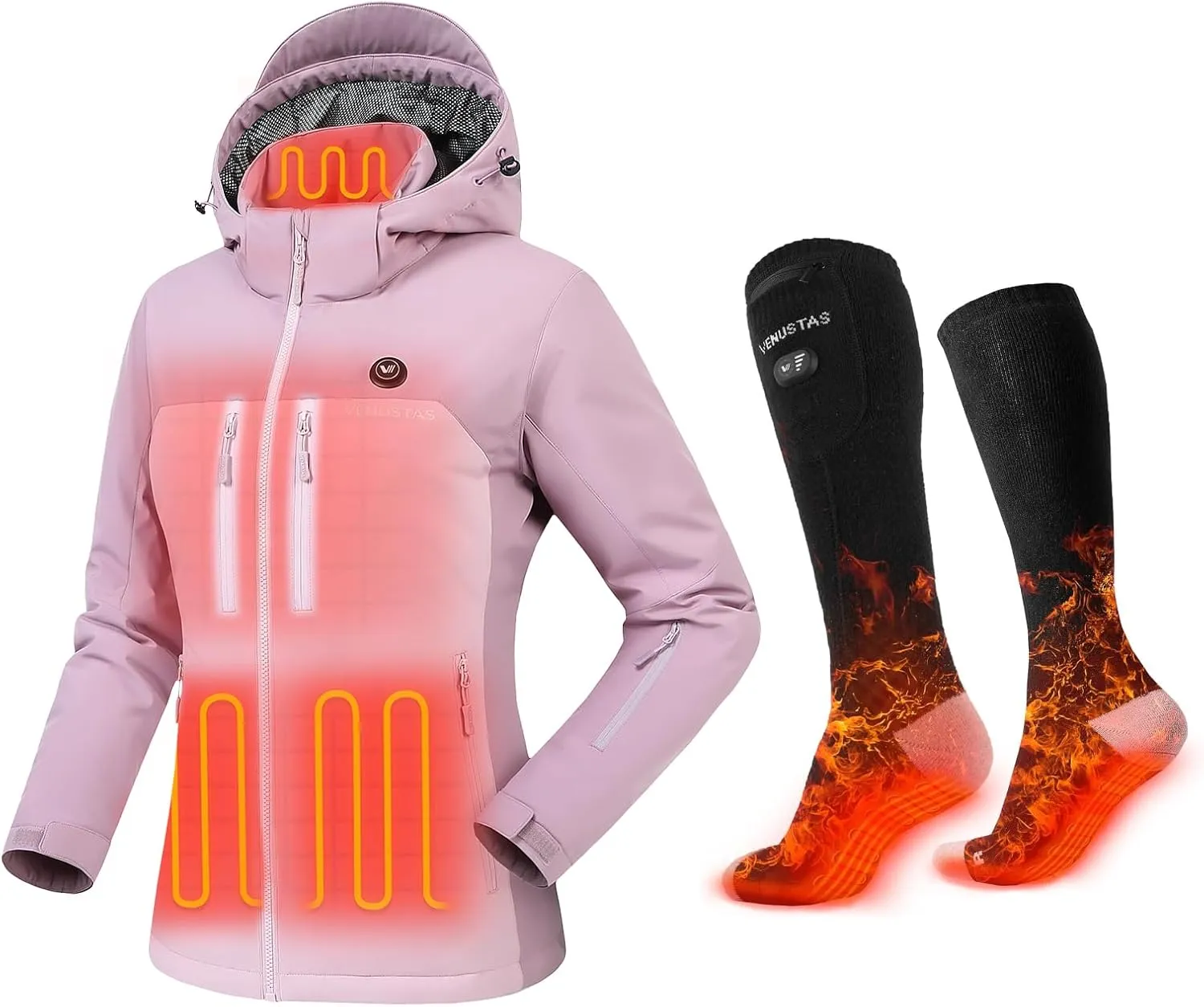 Venustas Men's Heated Utility Jacket (DarkAlpineRose, XL) & Extra 9-hour Heated Socks (Black, M)