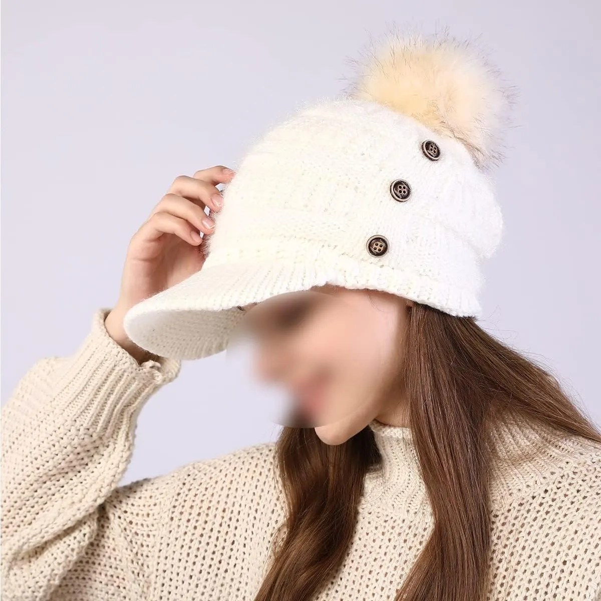 Women Fleece Lined Beanie with Brim Visor Girls Knit Ski Cap Winter Warm Hats with Faux Fur Pom Pom