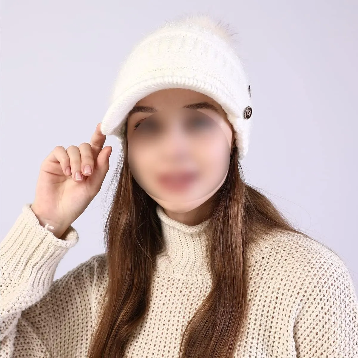 Women Fleece Lined Beanie with Brim Visor Girls Knit Ski Cap Winter Warm Hats with Faux Fur Pom Pom