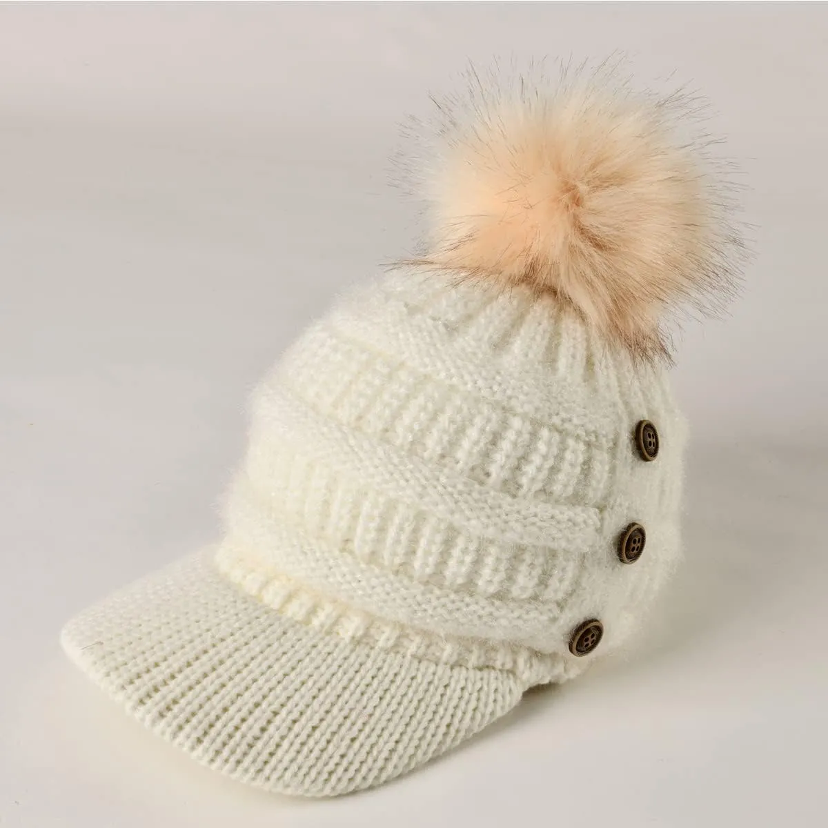 Women Fleece Lined Beanie with Brim Visor Girls Knit Ski Cap Winter Warm Hats with Faux Fur Pom Pom