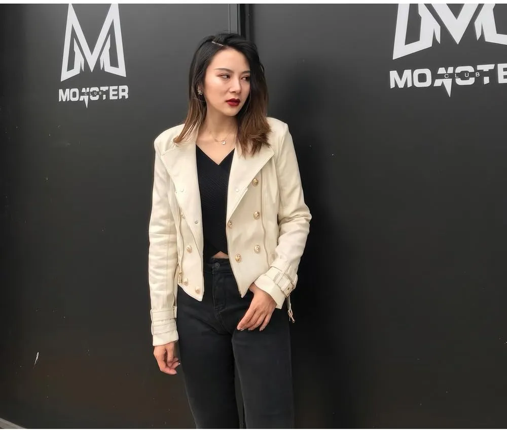 Womens Beige Genuine Sheepskin Asymmetric Motorcycle Leather Jacket Casual Winter Zipper Up Moto Biker Jacket Streetwear