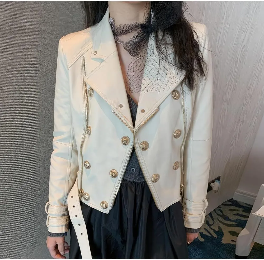 Womens Beige Genuine Sheepskin Asymmetric Motorcycle Leather Jacket Casual Winter Zipper Up Moto Biker Jacket Streetwear