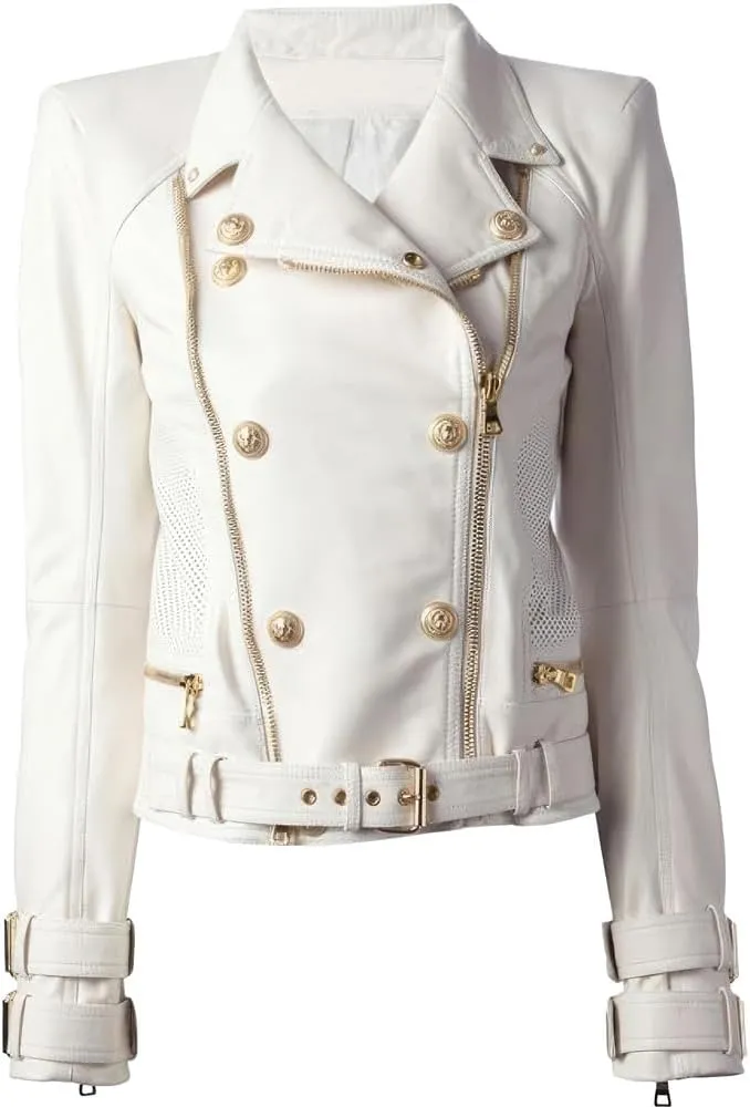 Womens Beige Genuine Sheepskin Asymmetric Motorcycle Leather Jacket Casual Winter Zipper Up Moto Biker Jacket Streetwear