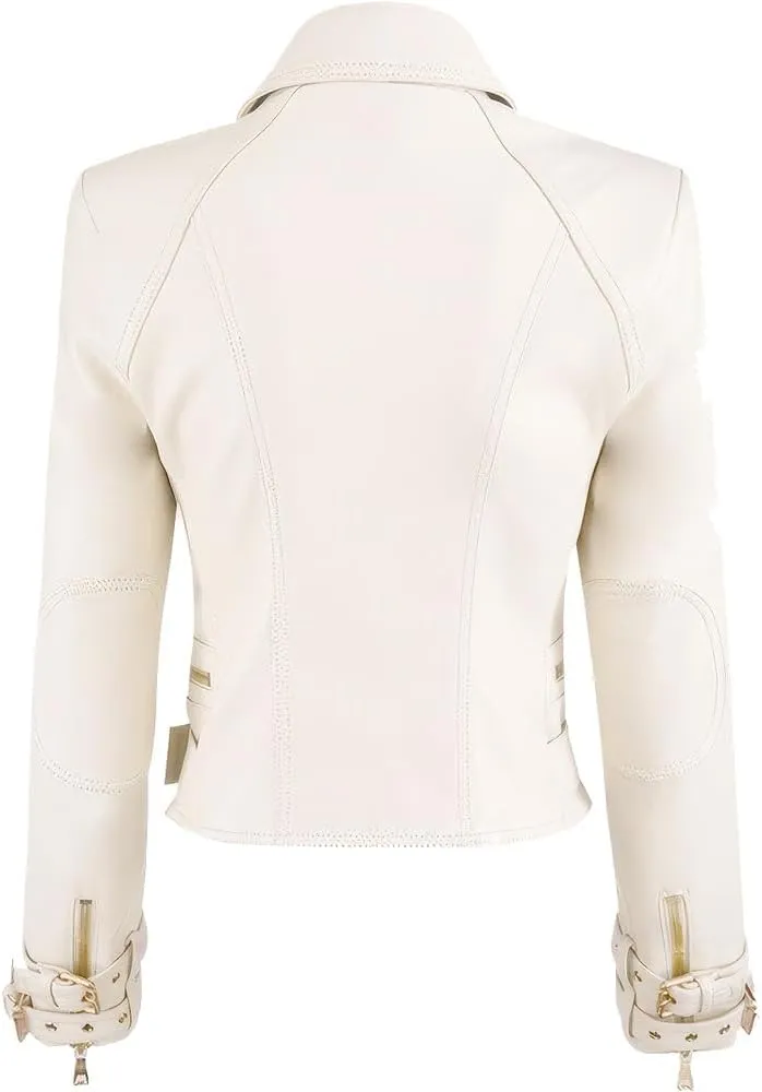 Womens Beige Genuine Sheepskin Asymmetric Motorcycle Leather Jacket Casual Winter Zipper Up Moto Biker Jacket Streetwear
