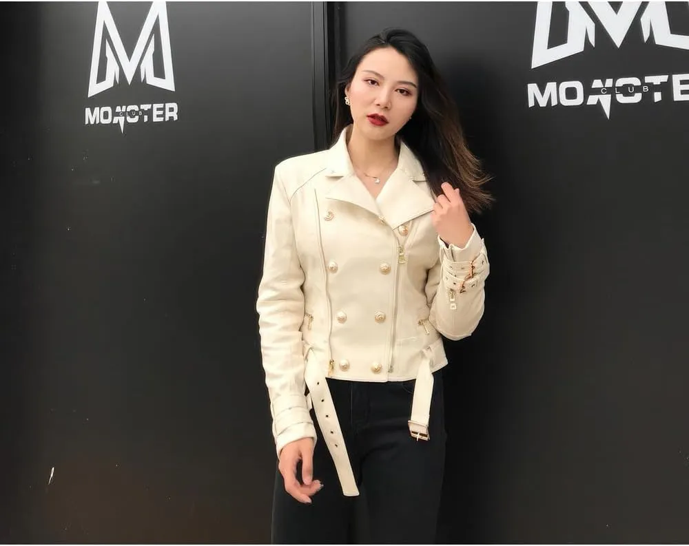Womens Beige Genuine Sheepskin Asymmetric Motorcycle Leather Jacket Casual Winter Zipper Up Moto Biker Jacket Streetwear