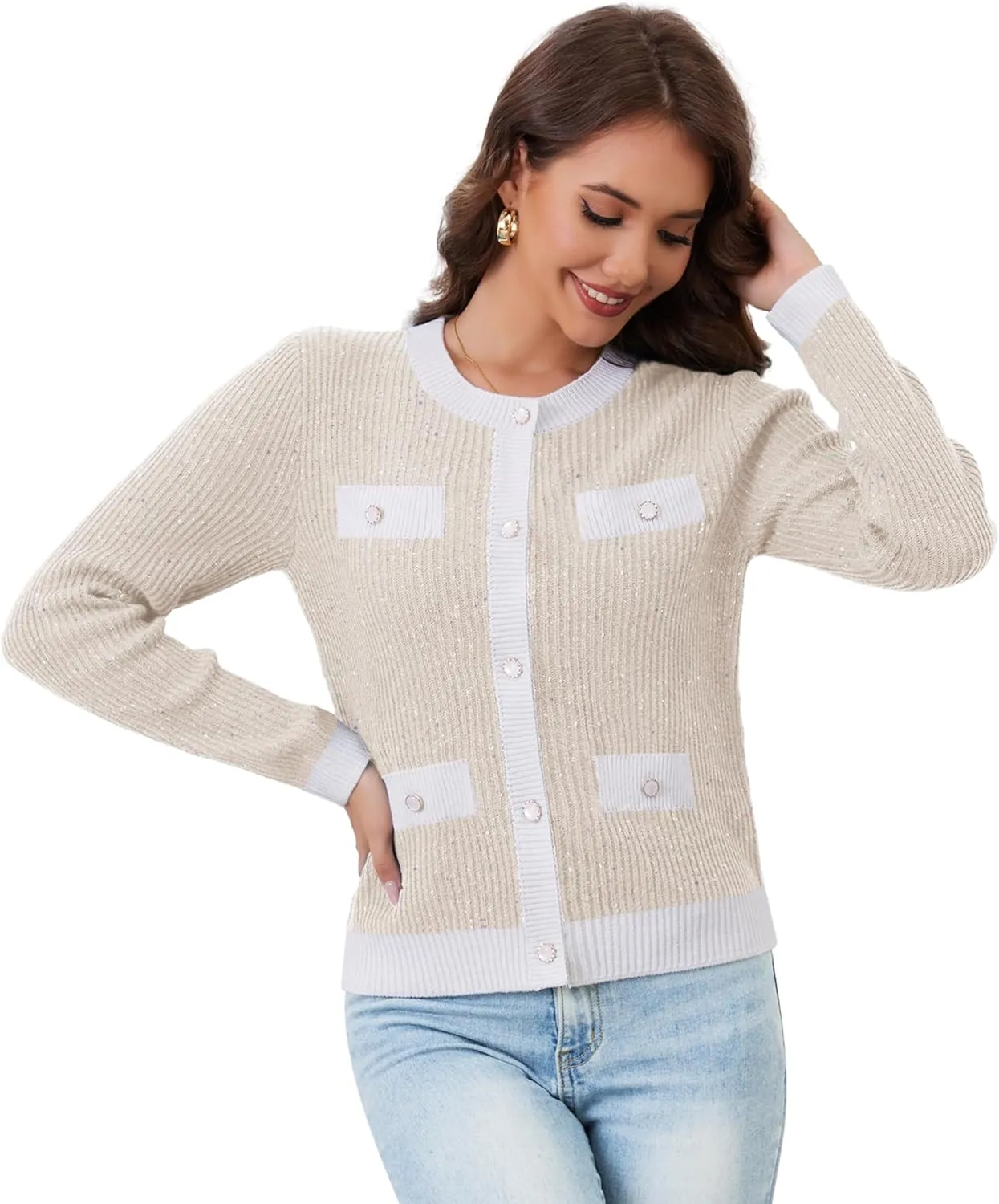 Womens Knit Cardigan Sweaters Cropped Fall Long Sleeve Open Front Button Down Winter Tops