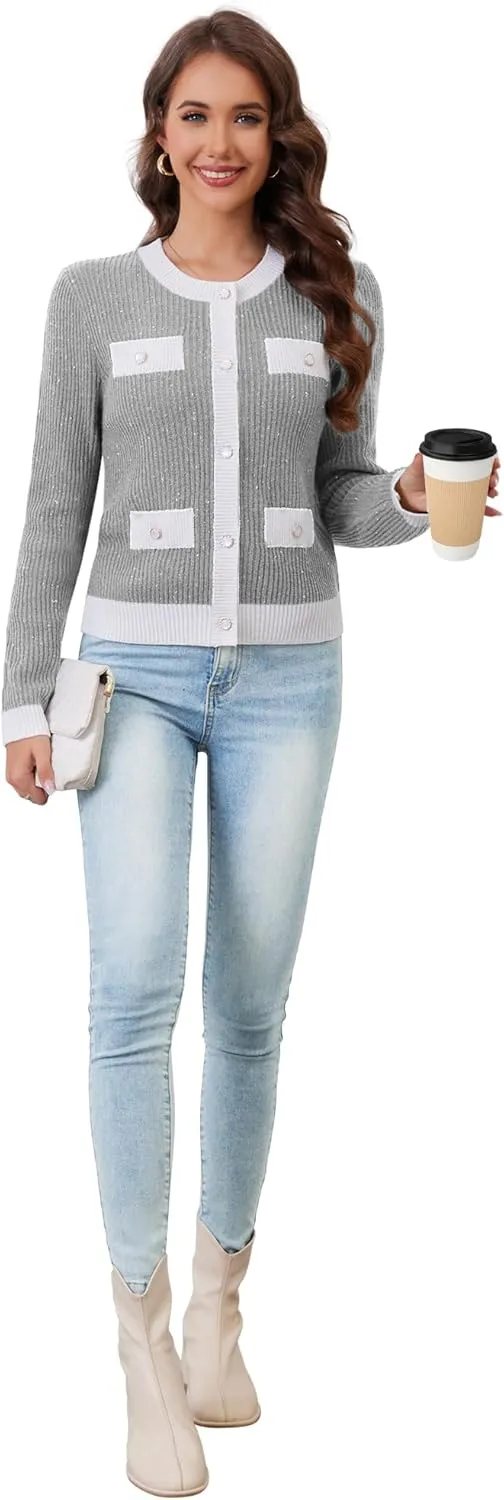 Womens Knit Cardigan Sweaters Cropped Fall Long Sleeve Open Front Button Down Winter Tops
