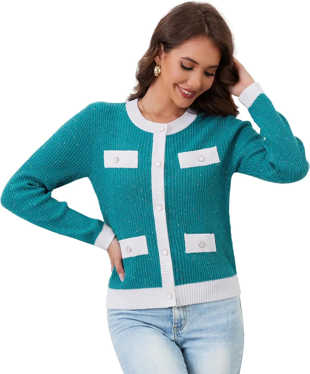 Womens Knit Cardigan Sweaters Cropped Fall Long Sleeve Open Front Button Down Winter Tops