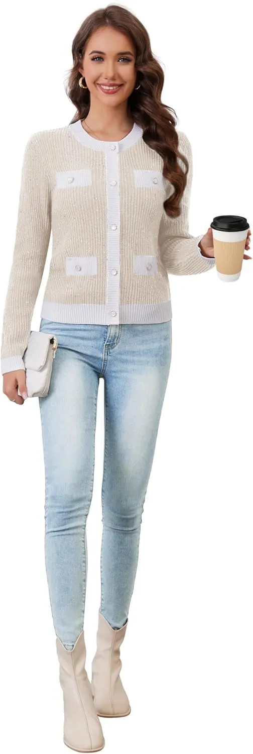 Womens Knit Cardigan Sweaters Cropped Fall Long Sleeve Open Front Button Down Winter Tops
