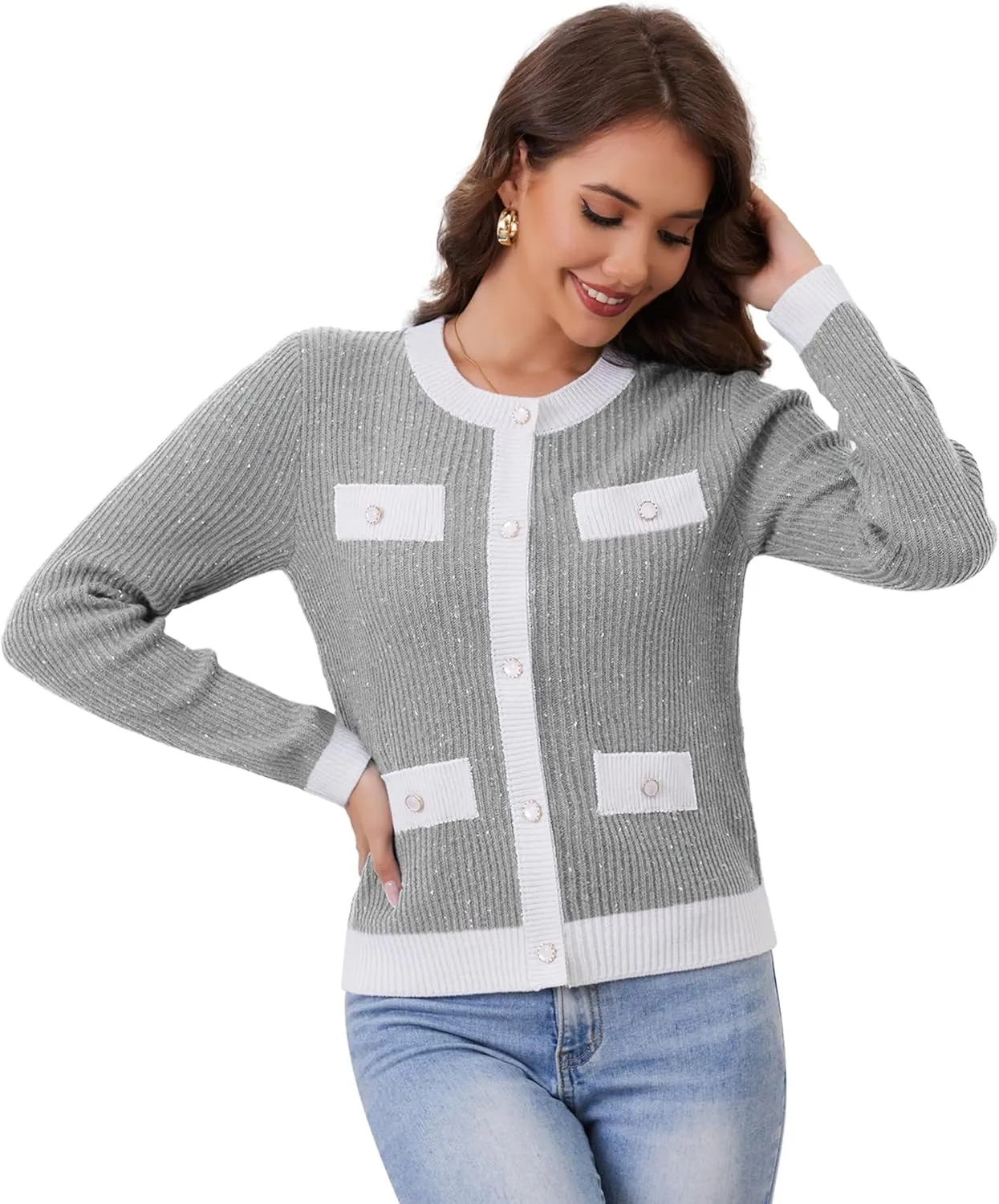 Womens Knit Cardigan Sweaters Cropped Fall Long Sleeve Open Front Button Down Winter Tops
