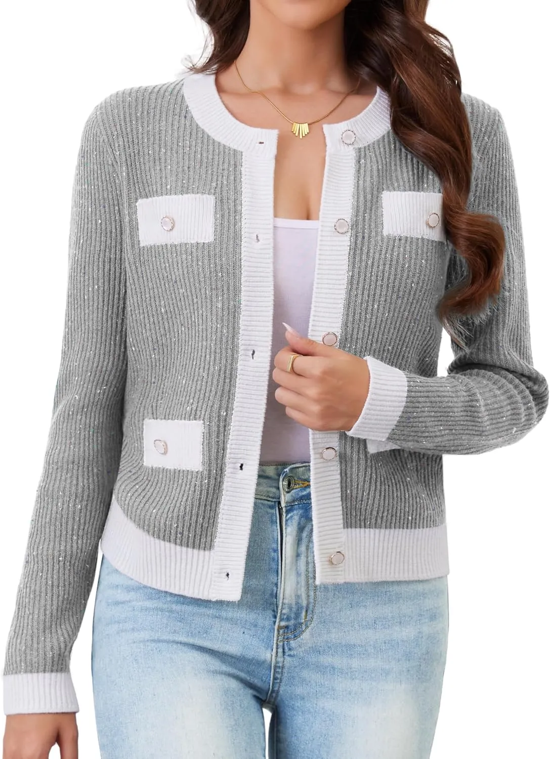 Womens Knit Cardigan Sweaters Cropped Fall Long Sleeve Open Front Button Down Winter Tops