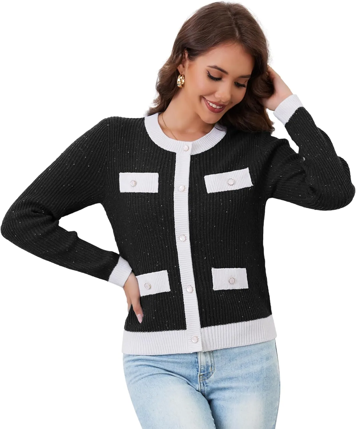 Womens Knit Cardigan Sweaters Cropped Fall Long Sleeve Open Front Button Down Winter Tops