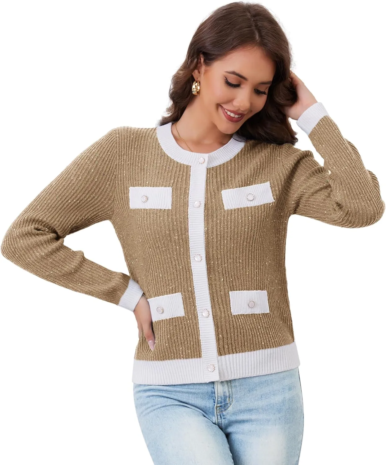 Womens Knit Cardigan Sweaters Cropped Fall Long Sleeve Open Front Button Down Winter Tops