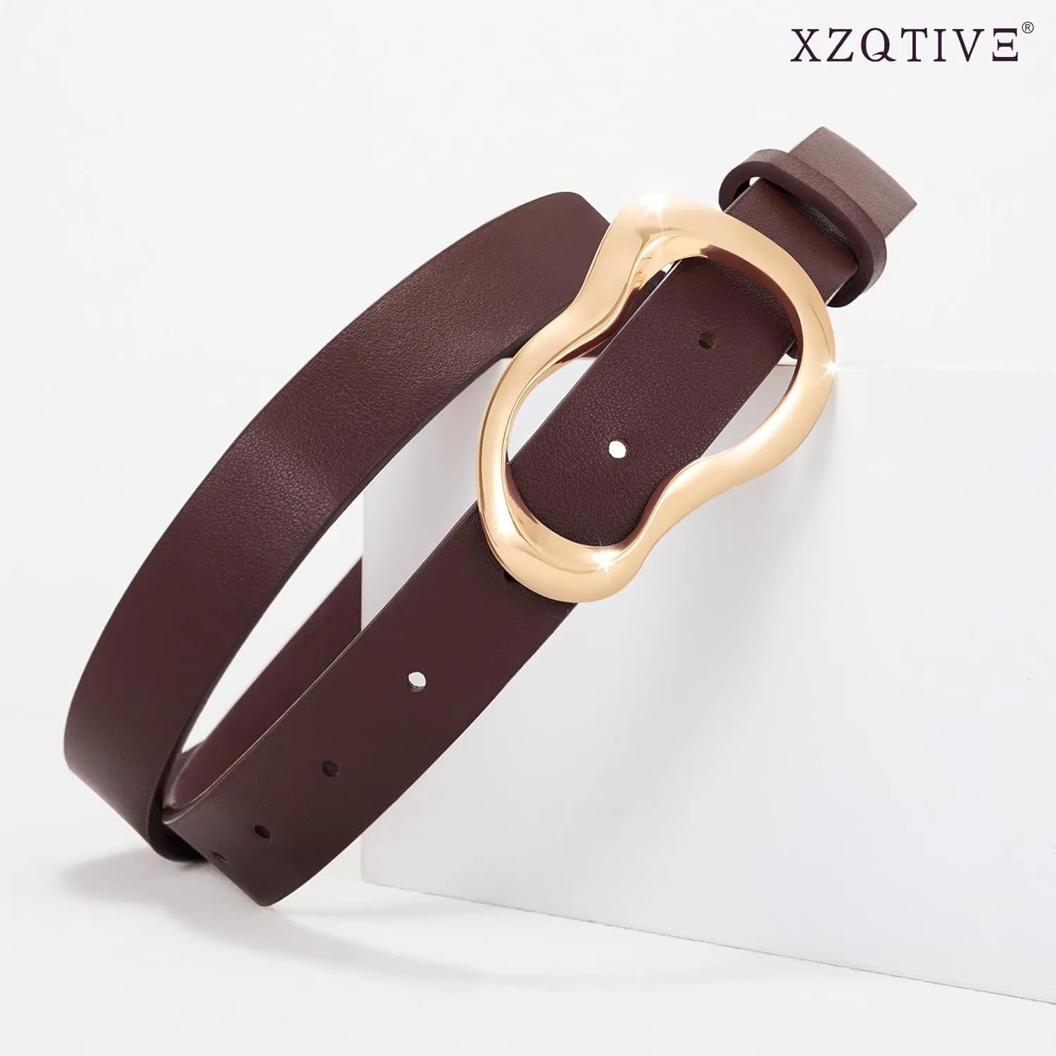 XZQTIVE Leather Belts for Women Casual Fashion Waist Belt for Jeans Pants Dresses with Unique Liquid Shapes Gold Buckle