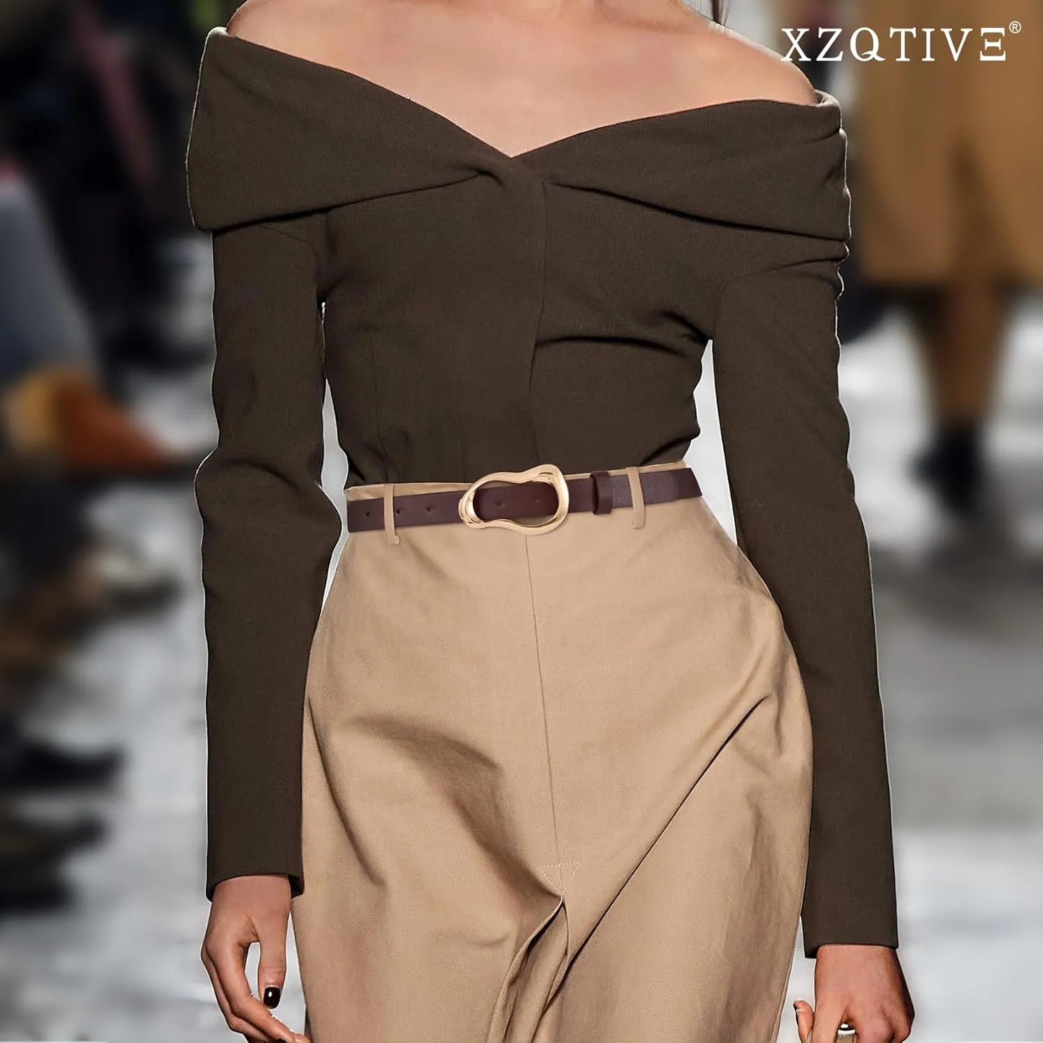 XZQTIVE Leather Belts for Women Casual Fashion Waist Belt for Jeans Pants Dresses with Unique Liquid Shapes Gold Buckle