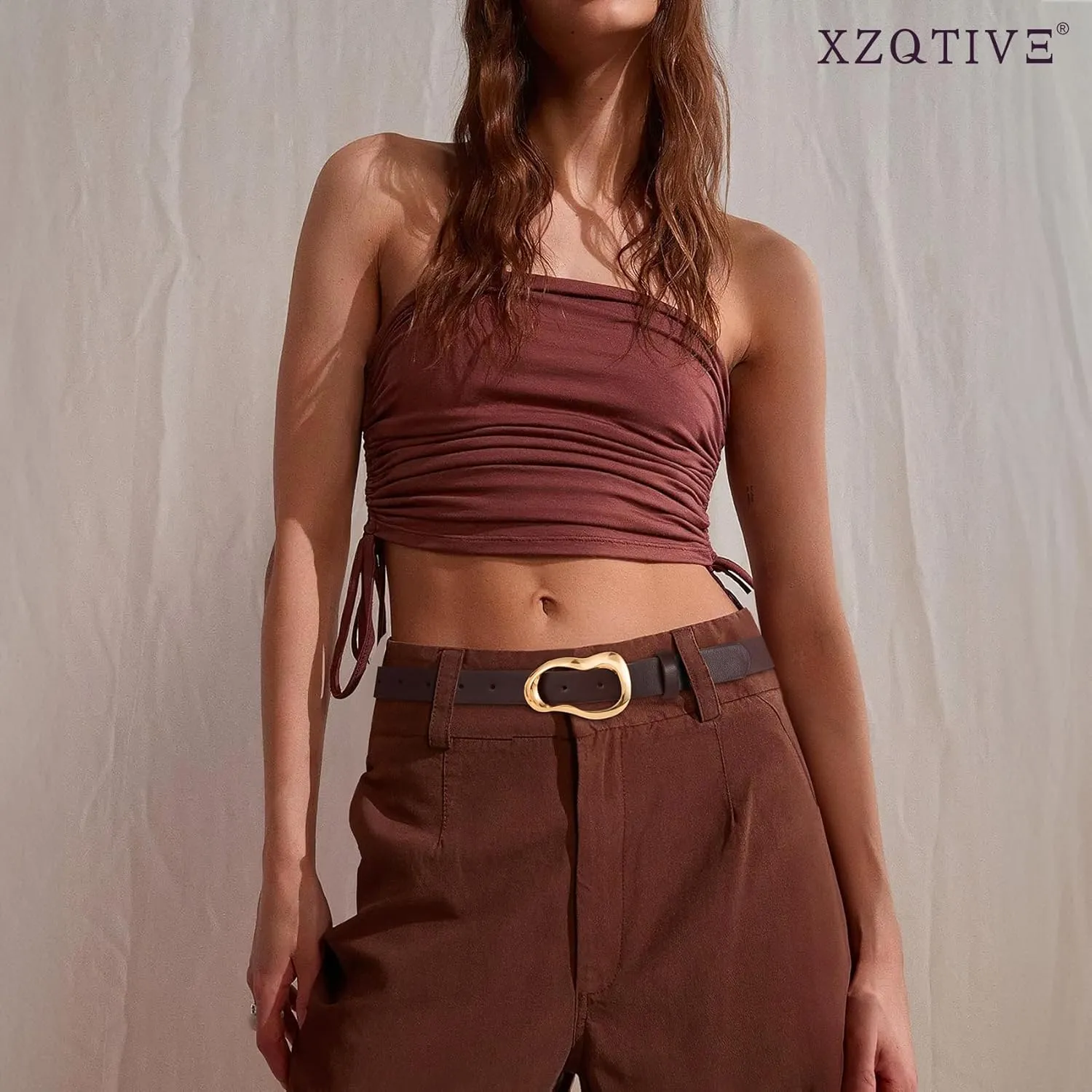 XZQTIVE Leather Belts for Women Casual Fashion Waist Belt for Jeans Pants Dresses with Unique Liquid Shapes Gold Buckle