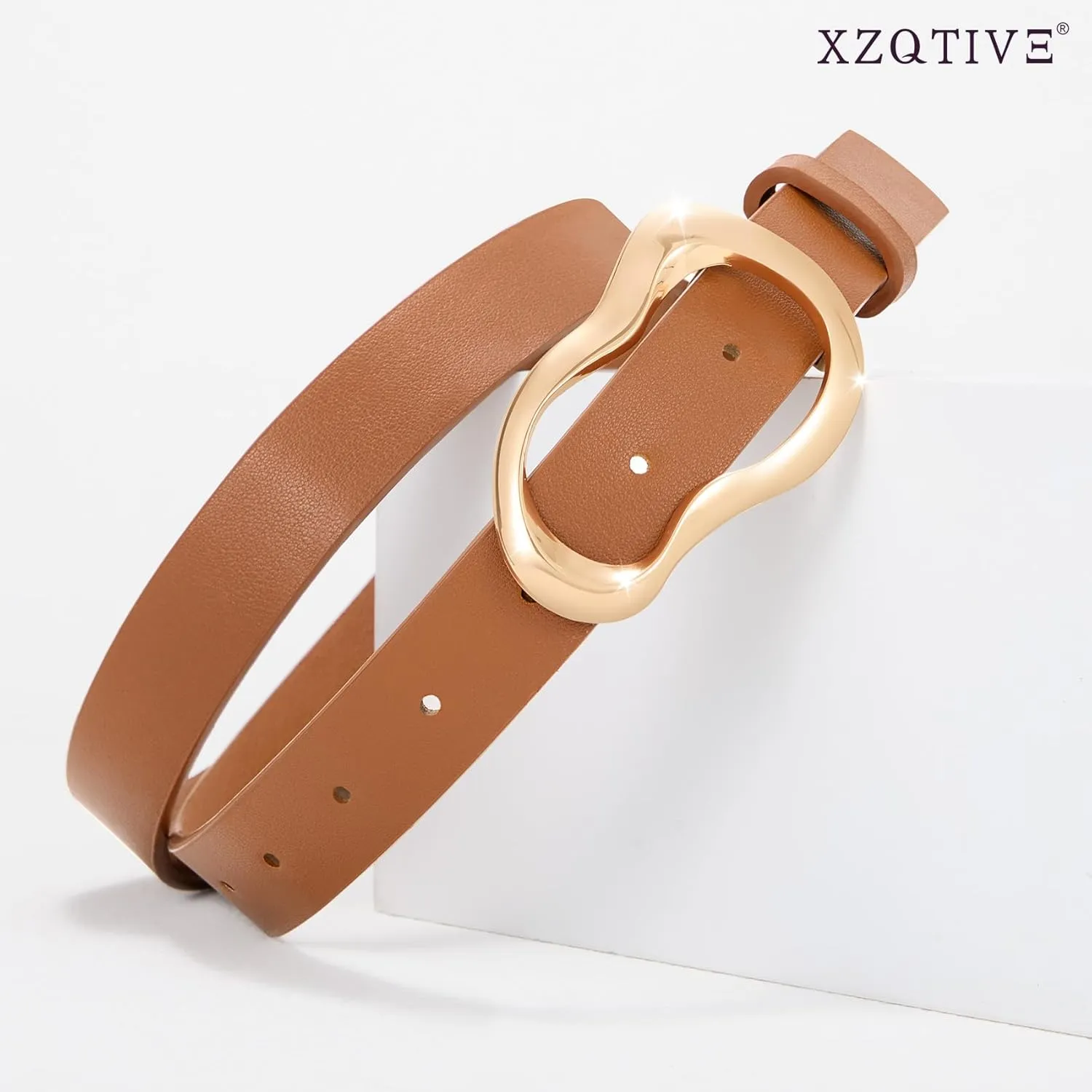XZQTIVE Leather Belts for Women Casual Fashion Waist Belt for Jeans Pants Dresses with Unique Liquid Shapes Gold Buckle