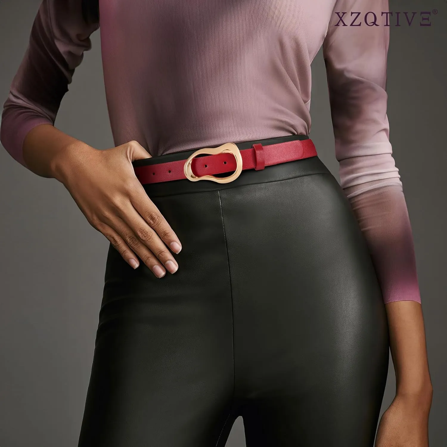 XZQTIVE Leather Belts for Women Casual Fashion Waist Belt for Jeans Pants Dresses with Unique Liquid Shapes Gold Buckle