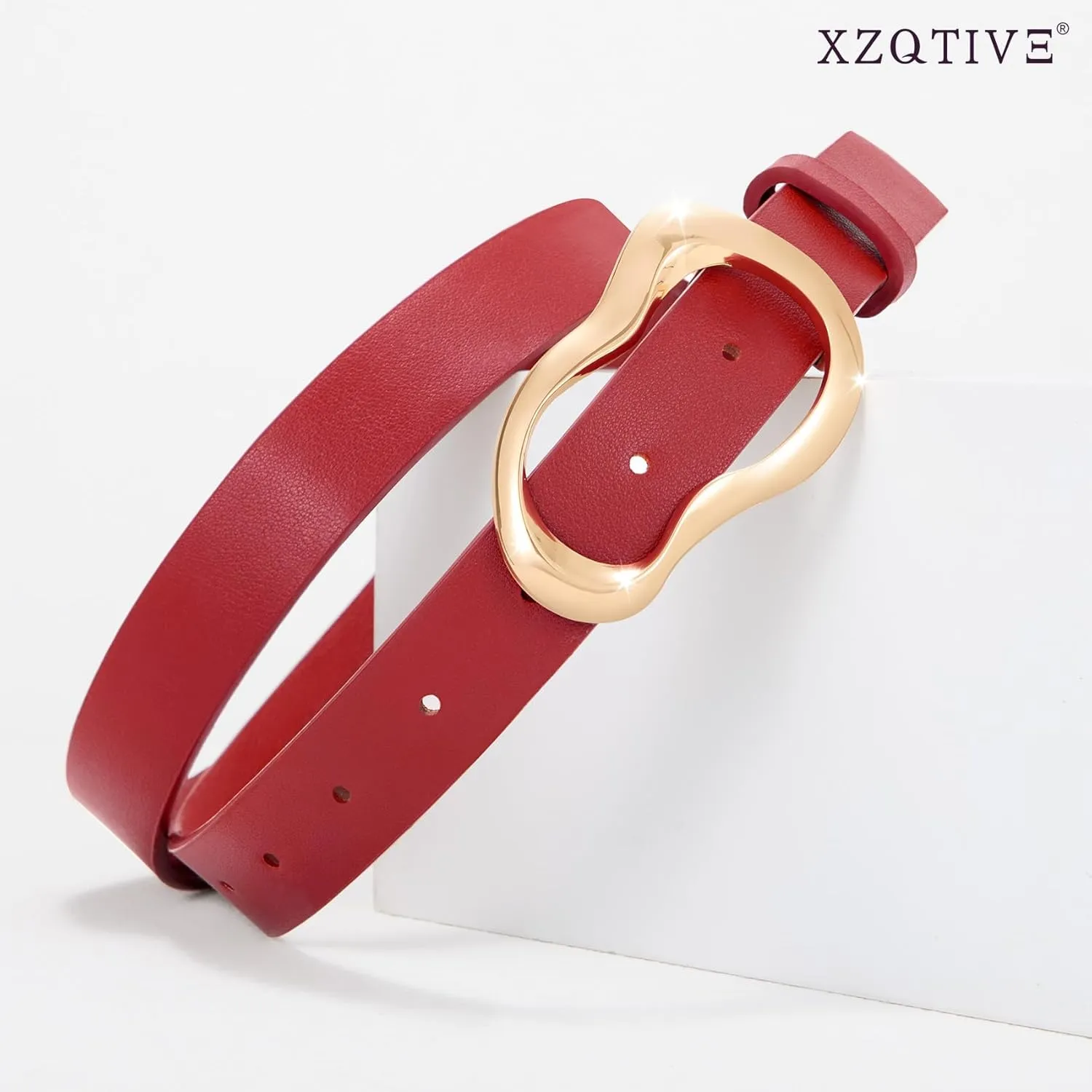 XZQTIVE Leather Belts for Women Casual Fashion Waist Belt for Jeans Pants Dresses with Unique Liquid Shapes Gold Buckle