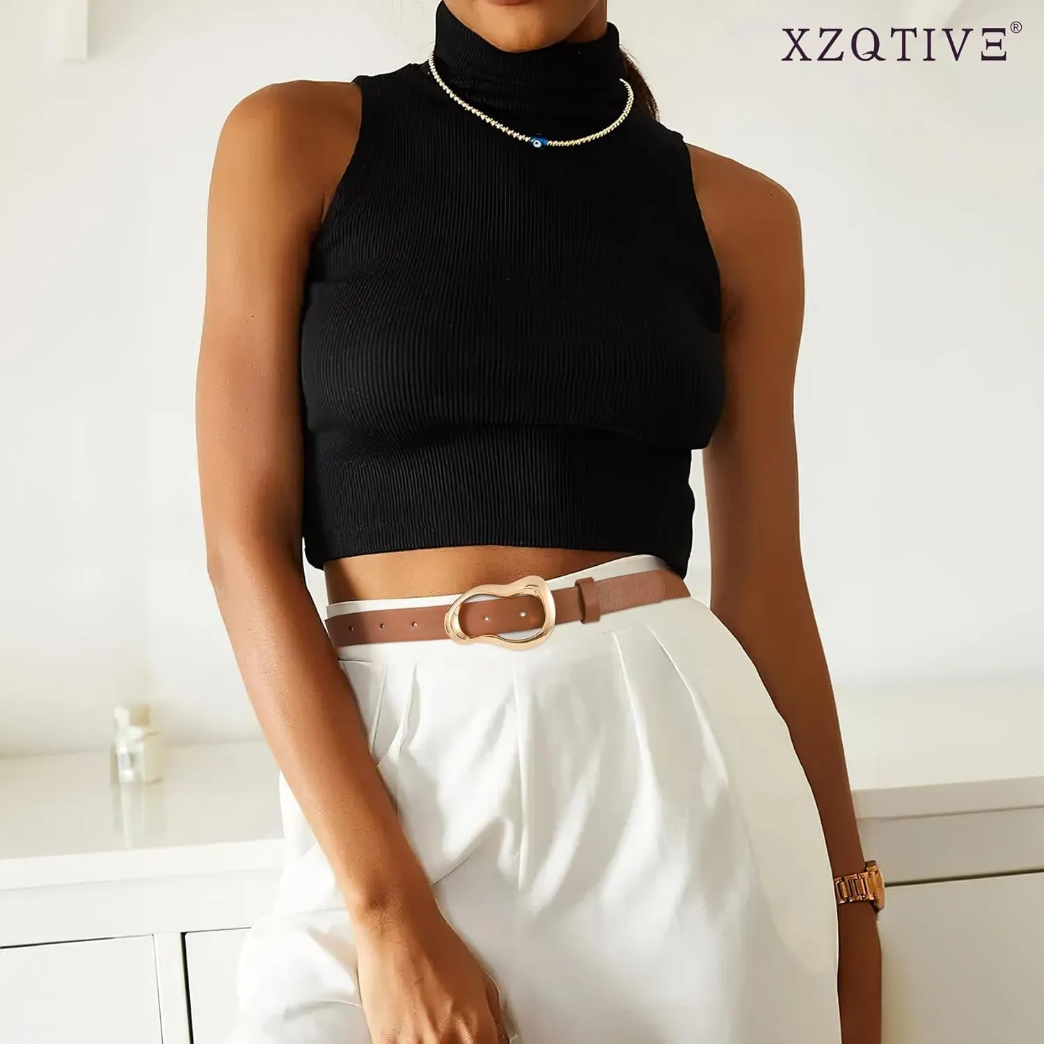 XZQTIVE Leather Belts for Women Casual Fashion Waist Belt for Jeans Pants Dresses with Unique Liquid Shapes Gold Buckle