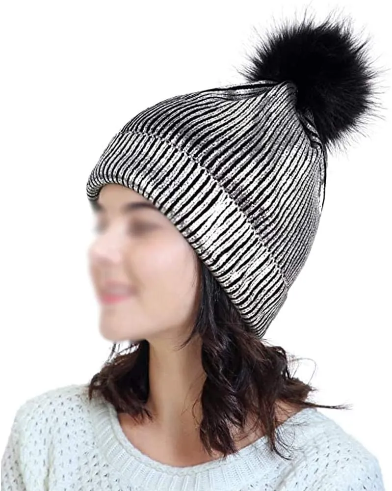 YEKEYI Women Winter Warm Knitted Beanie Hat with Faux Fur Pompom Metallic Shiny Hats Cap