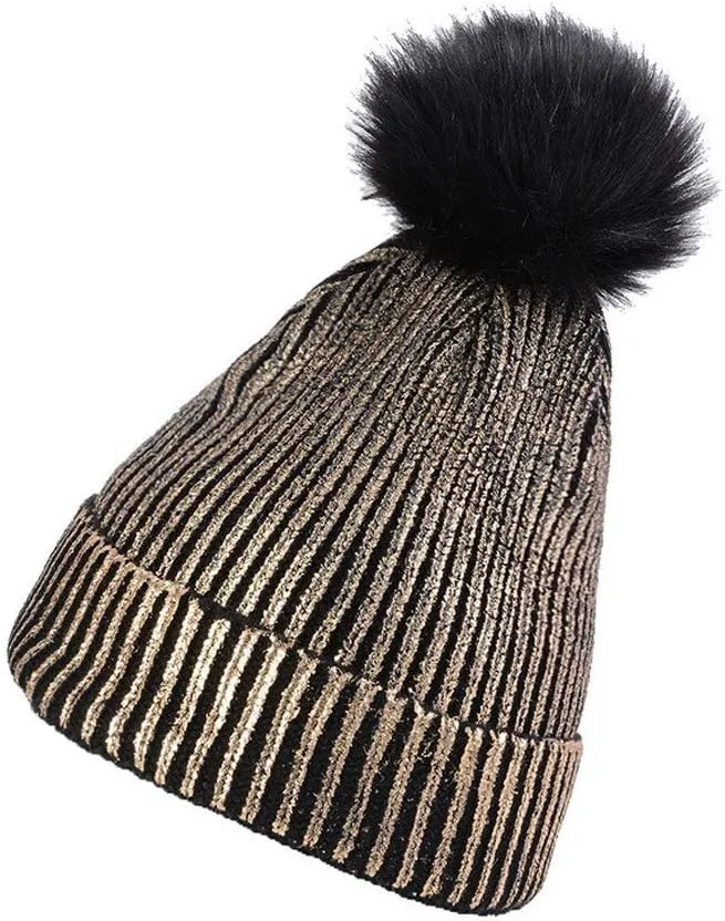 YEKEYI Women Winter Warm Knitted Beanie Hat with Faux Fur Pompom Metallic Shiny Hats Cap