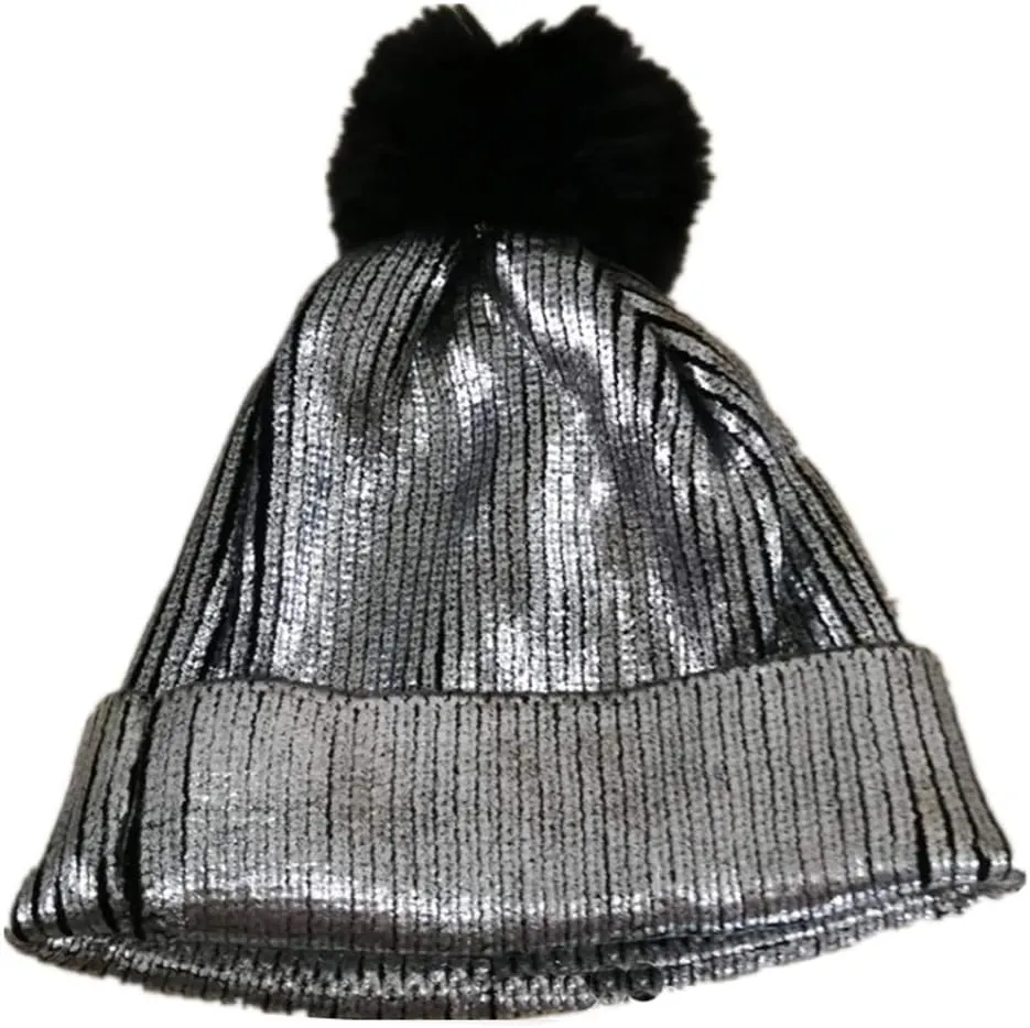 YEKEYI Women Winter Warm Knitted Beanie Hat with Faux Fur Pompom Metallic Shiny Hats Cap